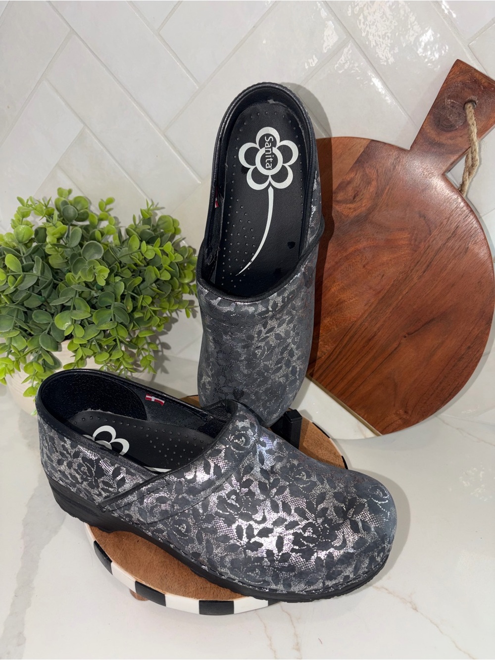 SANITA Original Danish Clogs mules work EU 42 US 11 Leather Slip-On black silver